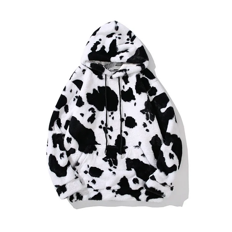 Unisex Kangaroo Pocket Hooded Sweatershirt Cow Printing Sherpa Hoodie Fleece pullover