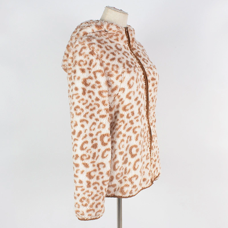 Unisex Fuzzy Wool Teddy Coat Full Zip Leopard Print Sherpa Fleece Hoodies