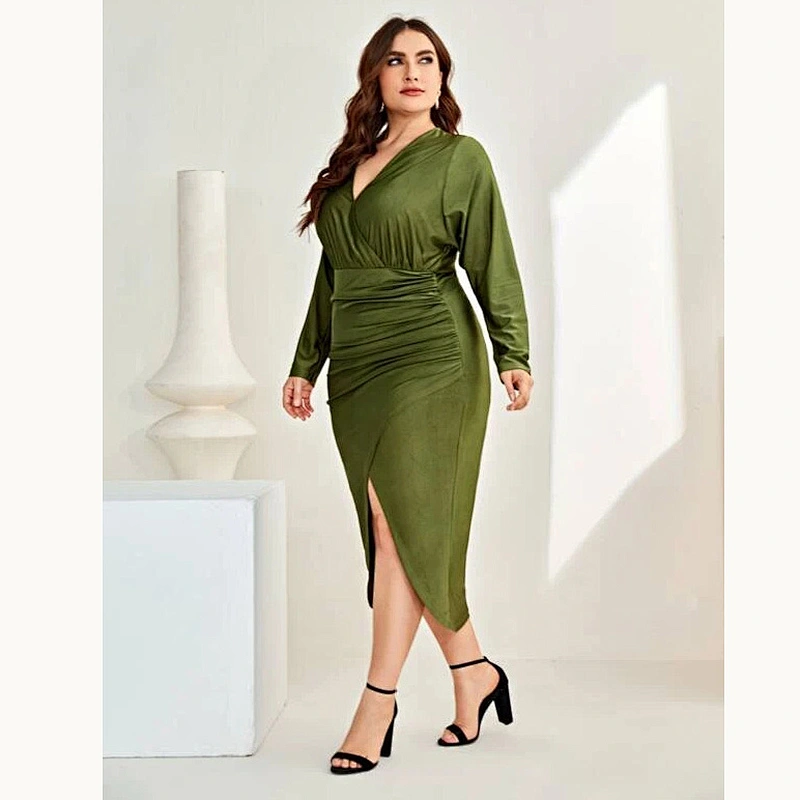 2021 New Plus Ruched Split High Wrap Solid Bodycon Dress