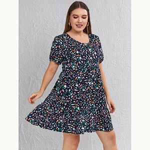 2021 New Plus Allover Print Button Front Puff Sleeve Dress Printed Dress O Neck