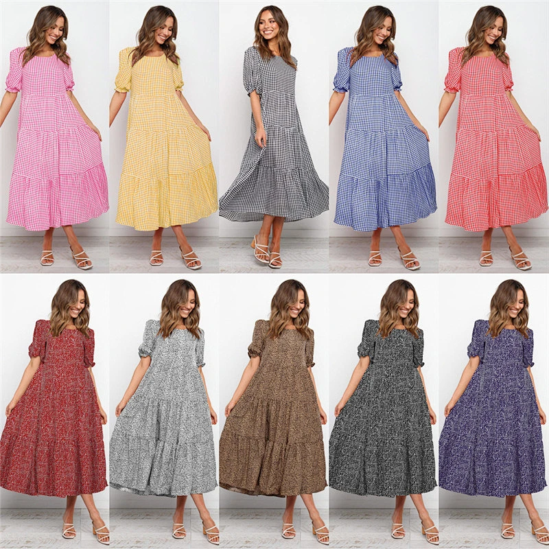 2021 Amazon bubble Sleeve Plaid Polkdot Splicing Loose Dress for Spring Summer