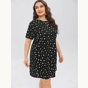 2021 New Plus Tied V-back Star Dress Printed Dress O Neck