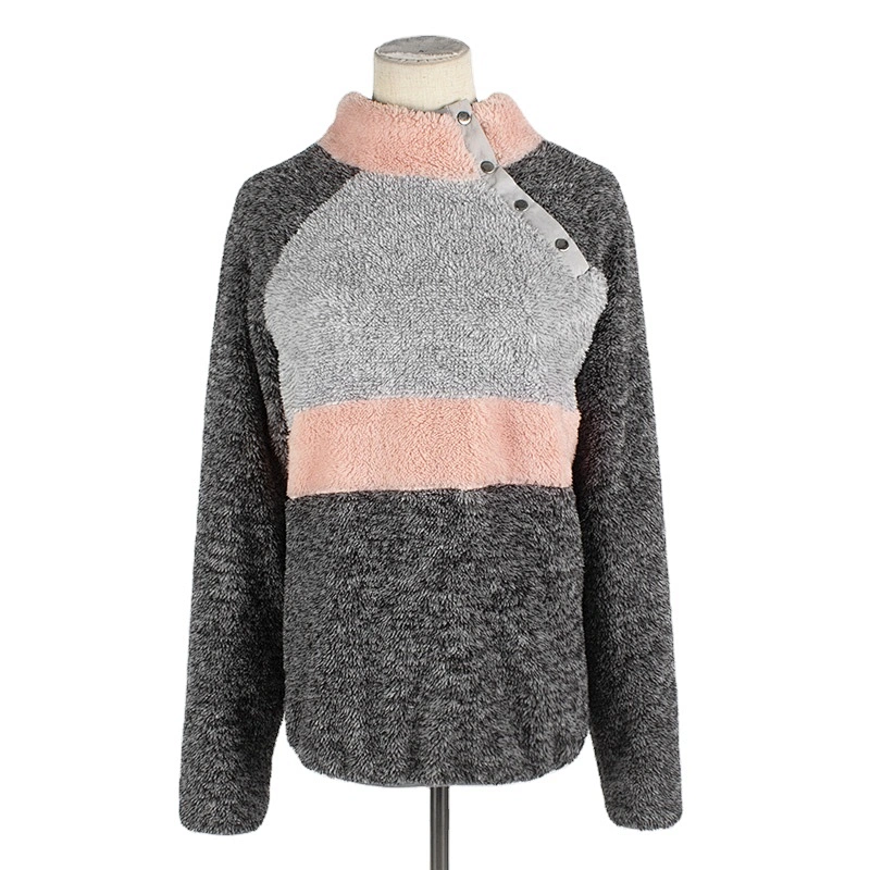 Custom Womens Color Block Sweatshirt Button Skew Collar Oversized Sherpa Fleece Pullover