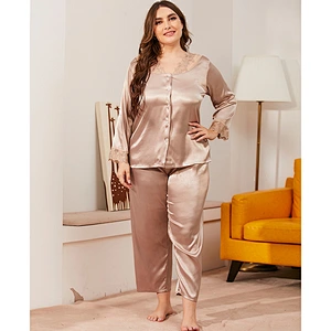 2021 New Arrivel Satin Silk Pajamas Set Lace V-neck Cardigan Suit With Long Sleeves