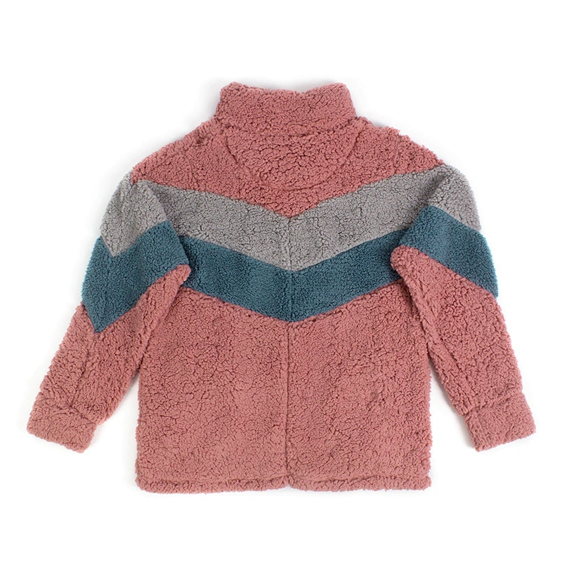 Unisex Fuzzy Color Block Teddy Coat Quarter Zip Patchwork Sherpa Fleece Jacket Pullover