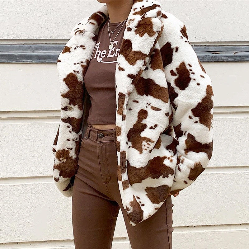 Womens Cow Print Faux Fur Winter Suit Jacket Coat Button Two Side Pockets Sherpa Pullover