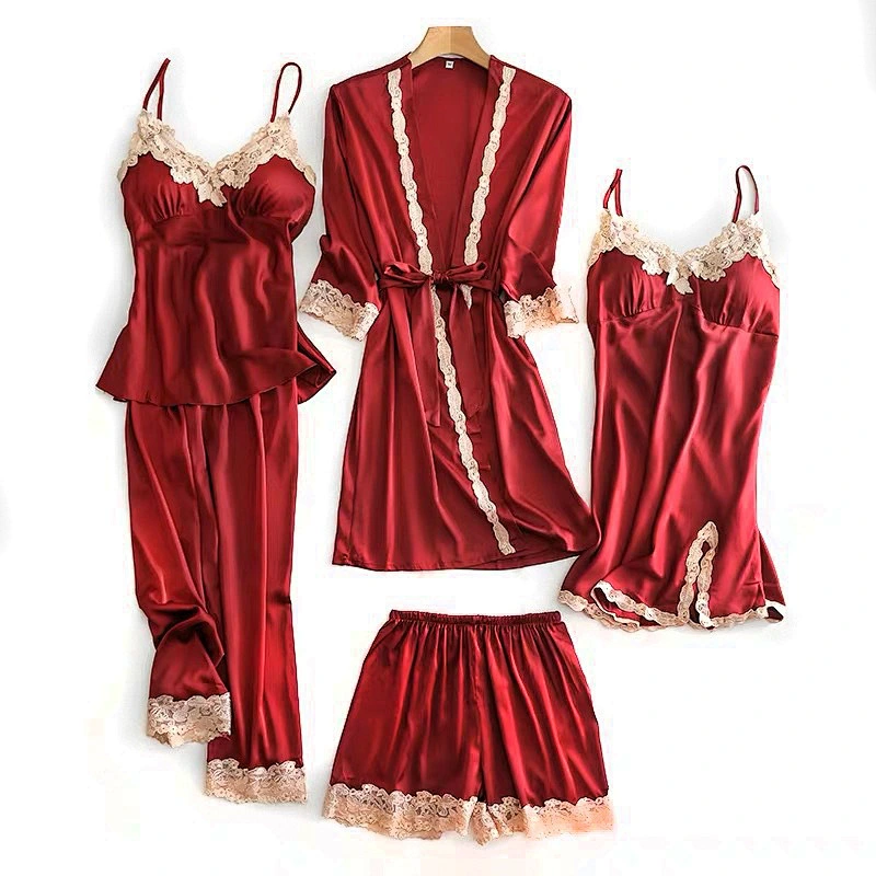 2021Amazon women pajamas set Sexy nightgown ice silk nightdress embroidery 5piece with chest pad