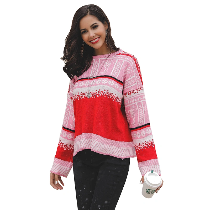 Factory Direct Women's Knitted Pullover Tops Loose knit Jumper Christmas snowflake Patchwork Sweaters
