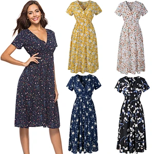 2021New chiffon beach skirt printed V-neck short sleeve dress Bohemian skirt