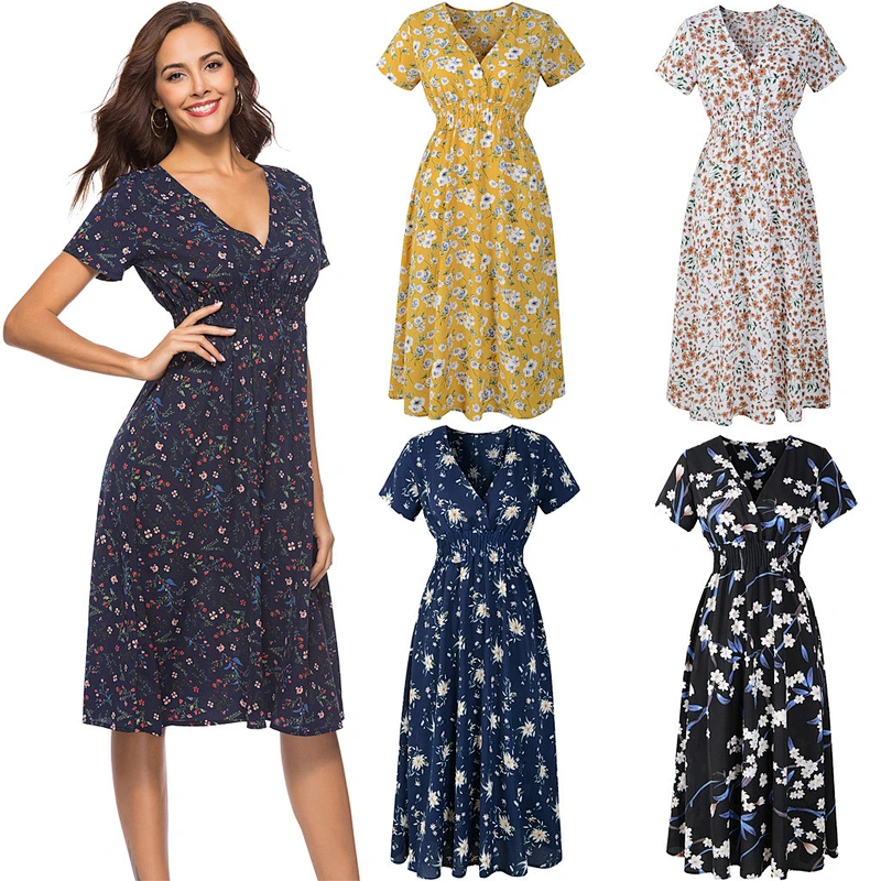 2021New chiffon beach skirt printed V-neck short sleeve dress Bohemian skirt