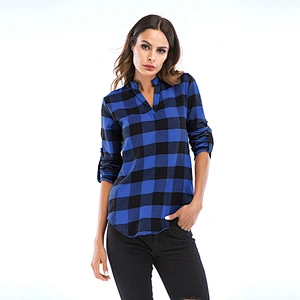 New Design Top Spring Autumn Fashion Blue V neck long sleeve Plaid Women Shirt