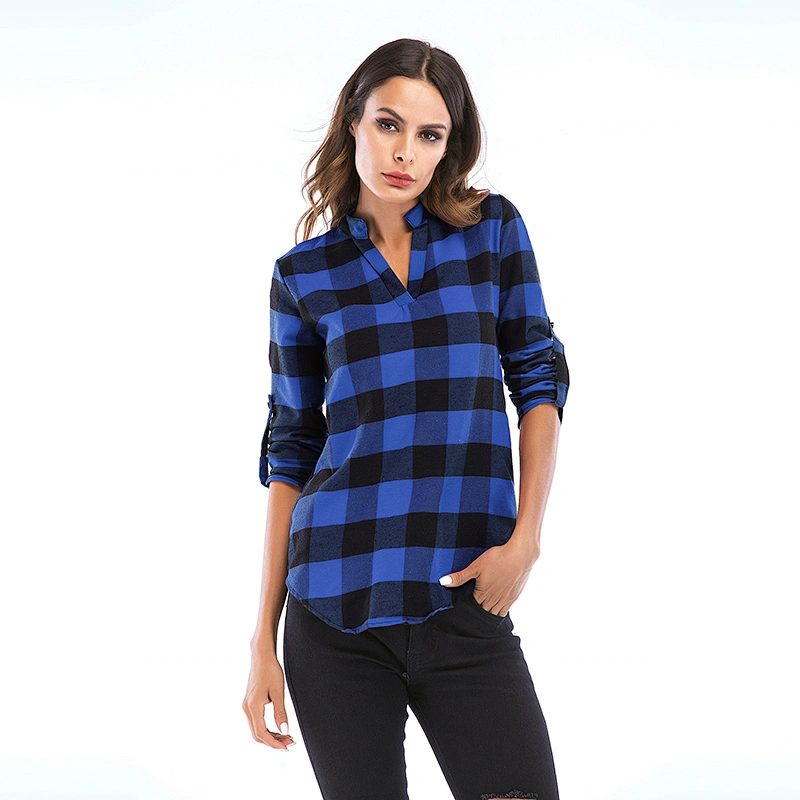 New Design Top Spring Autumn Fashion Blue V neck long sleeve Plaid Women Shirt