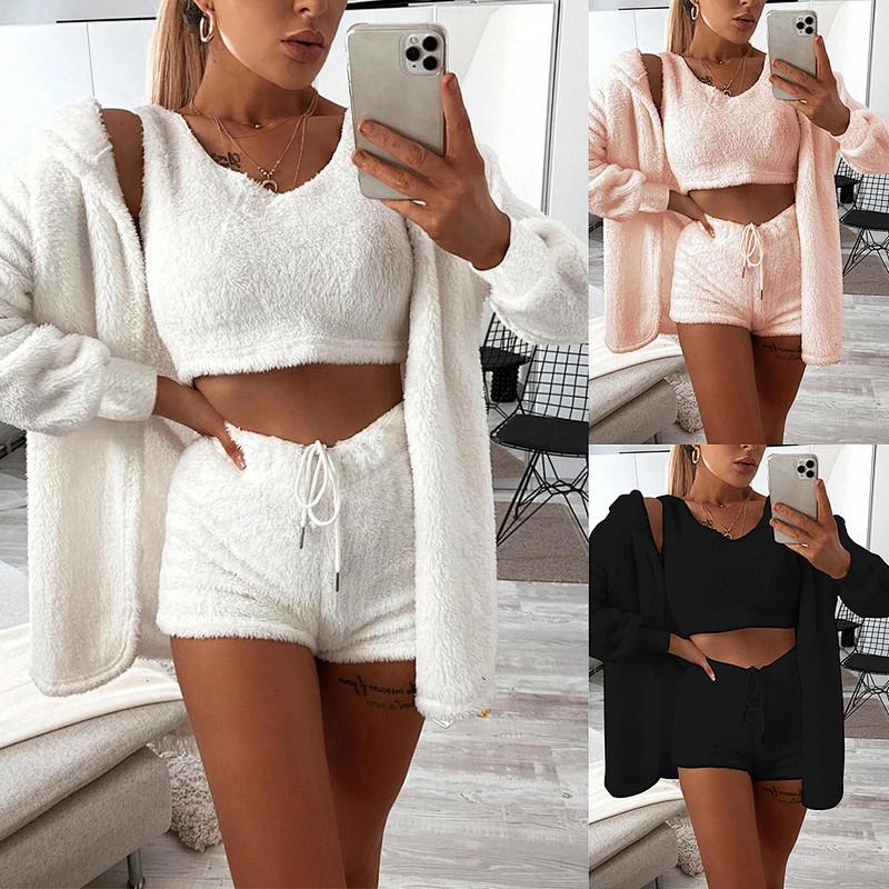 Womens Solid Sherpa Cami Top & Shorts with sherpa pullover 3 in 1 sherpa hoodie pullover