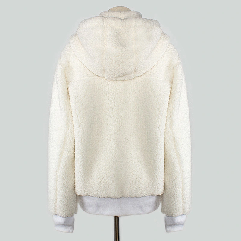 Custom Logo Winter Warm Womens Wool Lamb Teddy Jacket Full Zip Up Hooded Sherpa Fleece Pullover