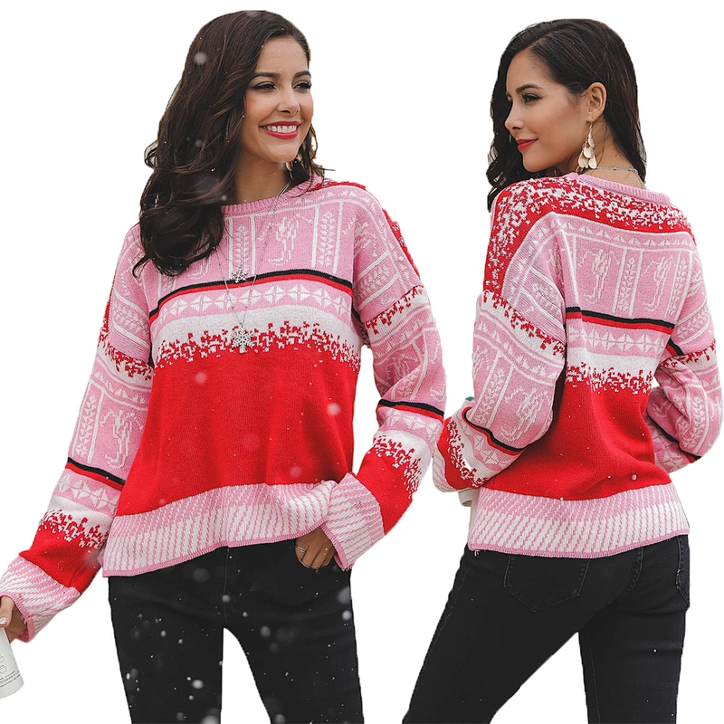 Factory Direct Women's Knitted Pullover Tops Loose knit Jumper Christmas snowflake Patchwork Sweaters