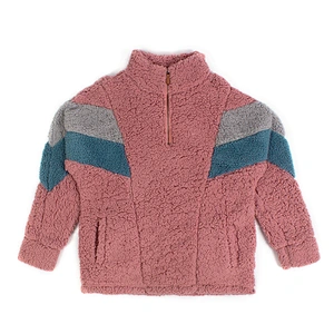 Unisex Fuzzy Color Block Teddy Coat Quarter Zip Patchwork Sherpa Fleece Jacket Pullover