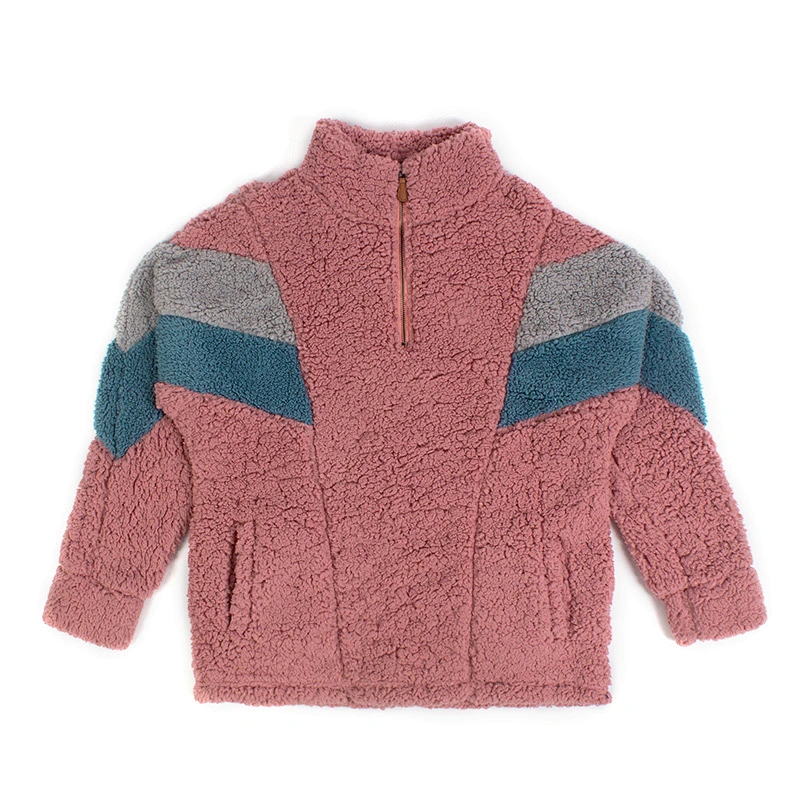 Unisex Fuzzy Color Block Teddy Coat Quarter Zip Patchwork Sherpa Fleece Jacket Pullover