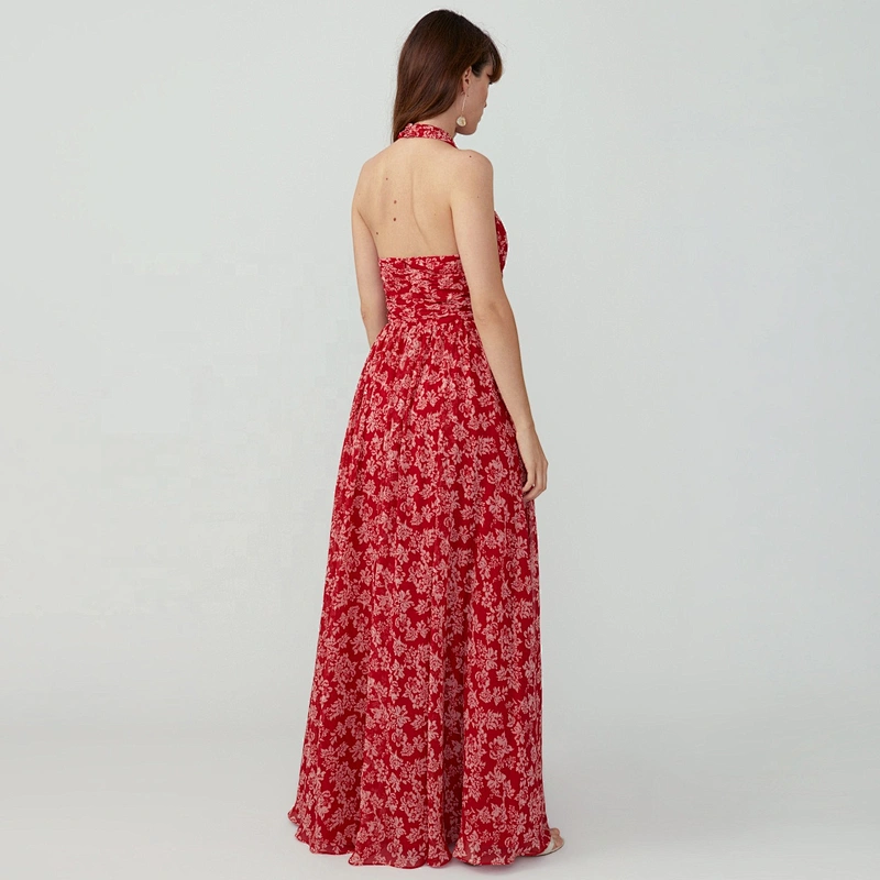 New design Manufacturers Twist Neck Halter Full Skirt back neck invisible zipper evening dress polyester light georgette