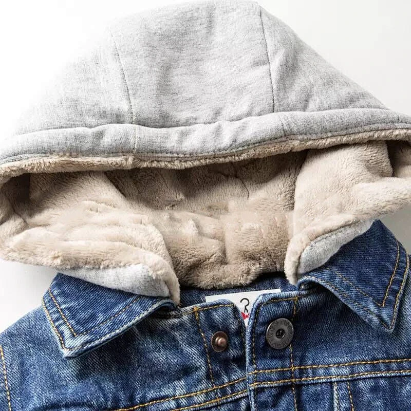 Wholesale Boy's Patch Cotton Washed Blue Denim Plus Velvet Jacket