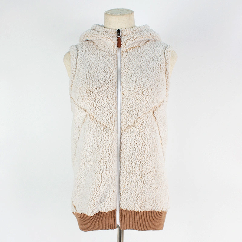 Factory Direct Winter Warm Teddy Waistcoat Beige Full Zip Sleeveless Hooded Sherpa Fleece Vest