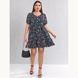 2021 New Plus Allover Print Button Front Puff Sleeve Dress Printed Dress O Neck