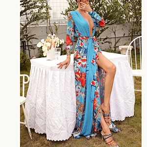 2021 New Arrival Missord Plunging Neck Wrap Hem Belted Floral Dress Sexly Lady Party Evening Dress