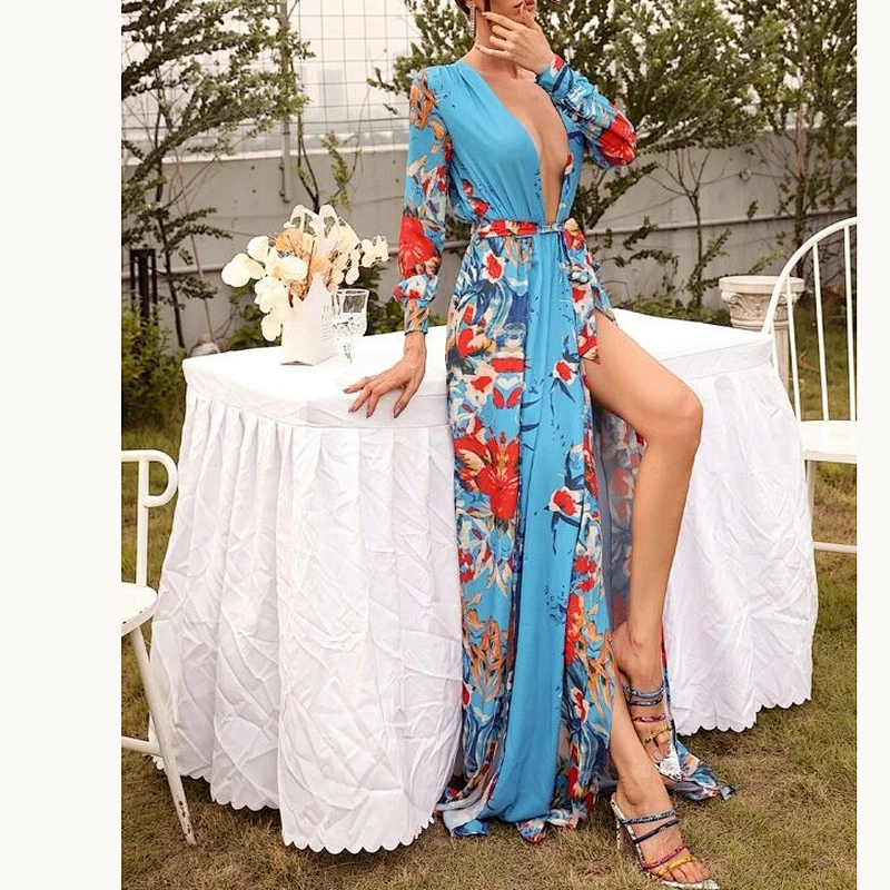 2021 New Arrival Missord Plunging Neck Wrap Hem Belted Floral Dress Sexly Lady Party Evening Dress