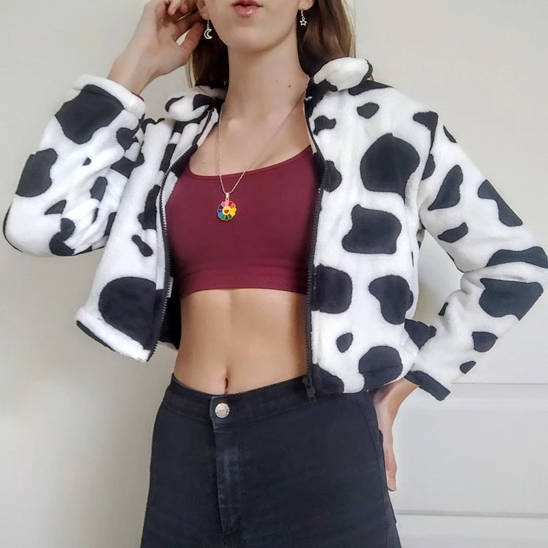 Cow Print Womens Turn-down Collar ZIP-UP Jacket Sherpa Cropped Zip-up Bomber Jacket Pullover