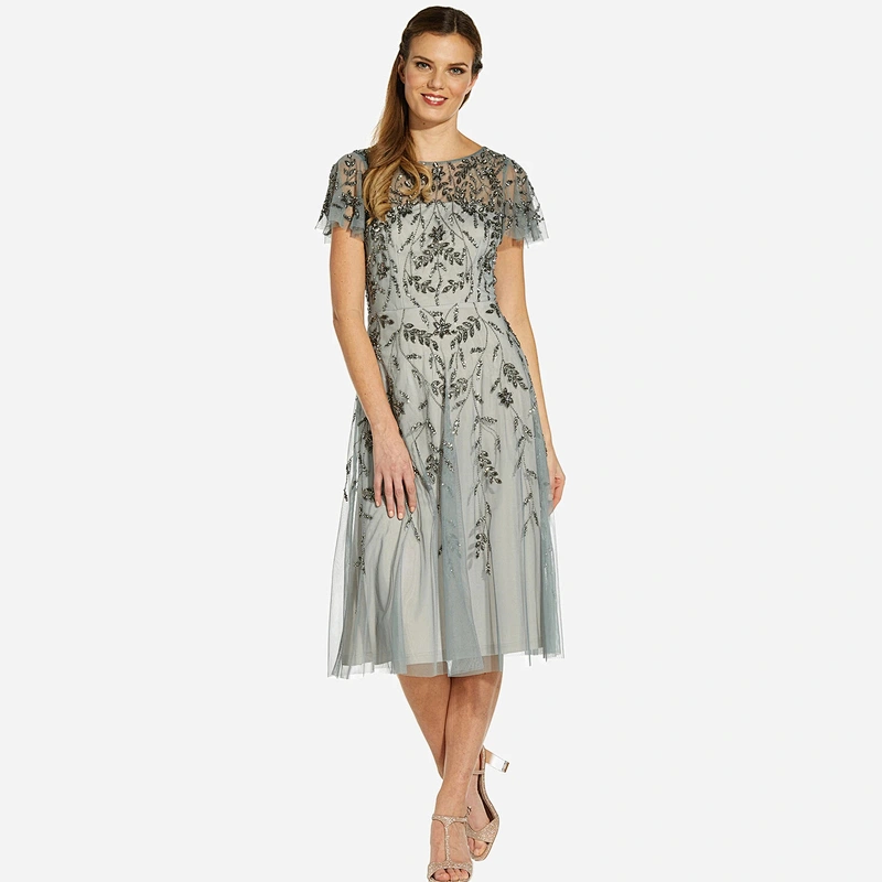 2021 New Arrival HAND-BEADED COCKTAIL DRESS WITH ILLUSION NECKLINE IN FROSTED SAGE EVENING DRESS Party Dress