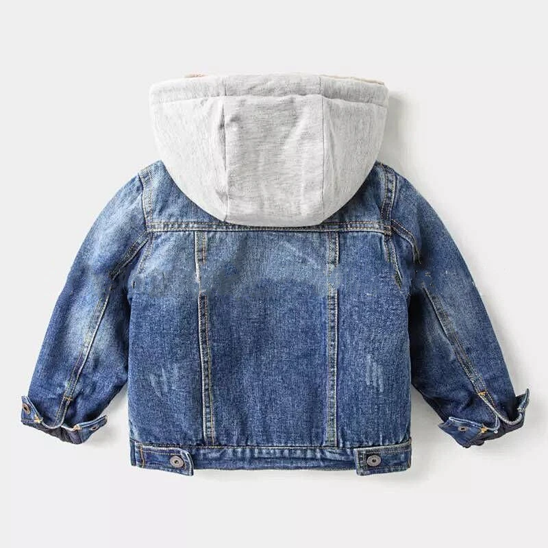 Wholesale Boy's Patch Cotton Washed Blue Denim Plus Velvet Jacket