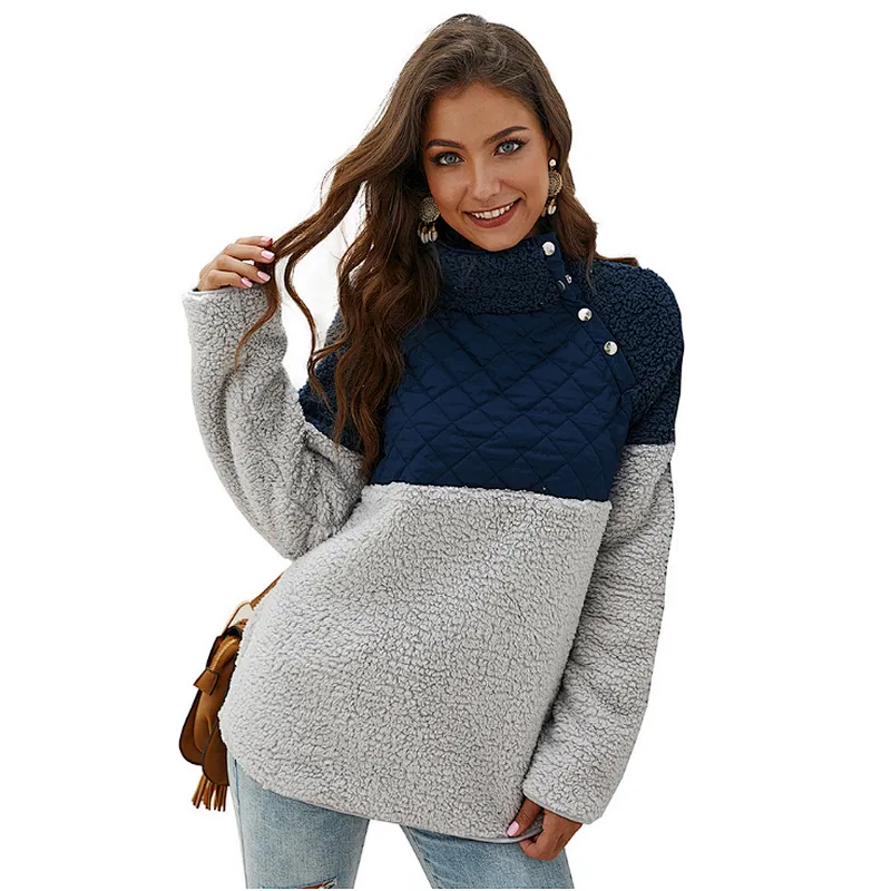 Women Casual Teddy Coat Oblique Button Sweatshirt Skew Collar Patchwork Sherpa Fleece Pullover