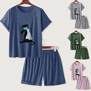 2021 Amazon new arrival  women pajamas summer pajamas large-size printed short-sleeved pajamas