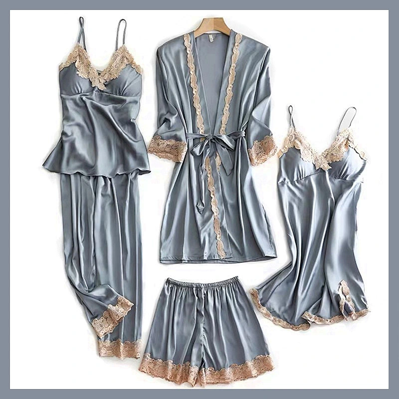 2021Amazon women pajamas set Sexy nightgown ice silk nightdress embroidery 5piece with chest pad