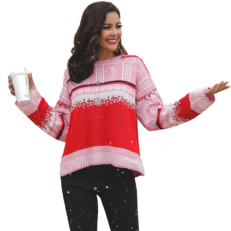 Factory Direct Women's Knitted Pullover Tops Loose knit Jumper Christmas snowflake Patchwork Sweaters