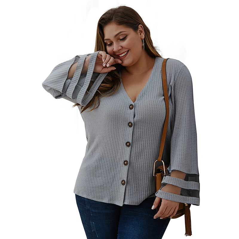 Factory Direct Womens Plus Size Mandarin Sleeve Knit Pullover Sweater V-neck Full Button Sweater tops