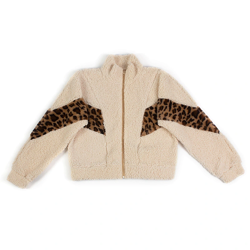 Direct Factory Winter Warm Wool Teddy Coat Sweatshirt Full Zip Up Leopard Print Sherpa Fleece Pullover