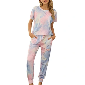 2021Amazon autumn winter women pajamas casual tie-dye Short Sleeve Pajama Set