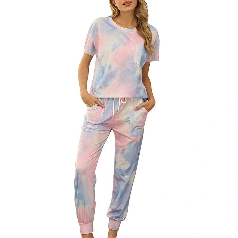 2021Amazon autumn winter women pajamas casual tie-dye Short Sleeve Pajama Set