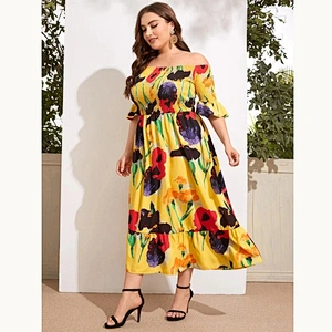 2021 New Plus Floral Print Shirred Bardot Dress