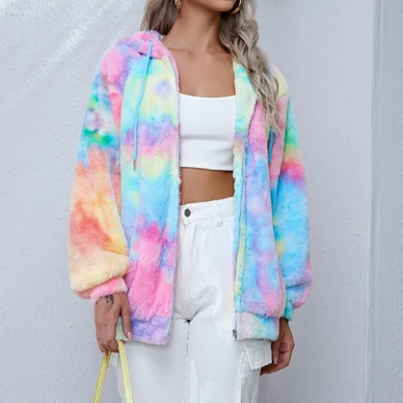 Womens Fuzzy Drawstring Teddy Coat Jacket Full Zip Tie Dye Sherpa Fleece Hoodies