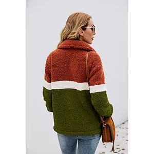 Women Winter Warm Zipper Jacket Pullover Patchwork Sherpa Fleece Pocket Pullover
