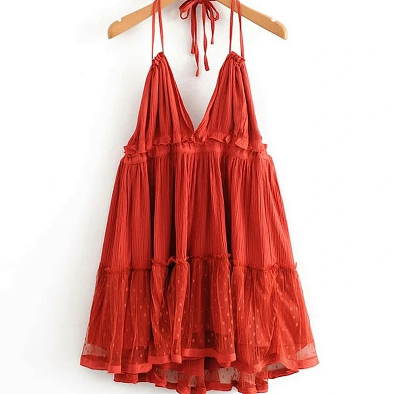 2021 New Arrival Dobby Mesh Self-Tie Ruffled Halter Dress  Scandi Boho Style