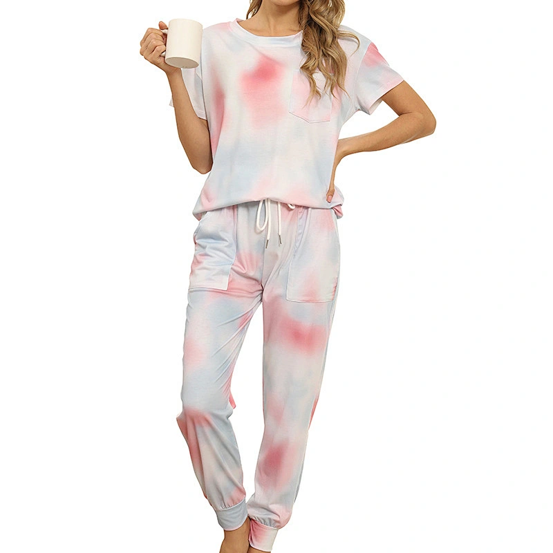 2021Amazon autumn winter women pajamas casual tie-dye Short Sleeve Pajama Set