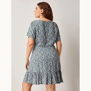 2021 New Plus All Over Print Flounce Short Sleeve Dress Printed dress O Neck