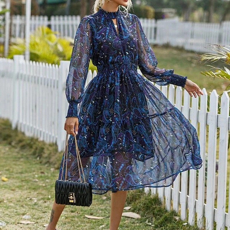 2021 New Arrival Paisley Peekaboo Chiffon A-line Dress Casual Dress