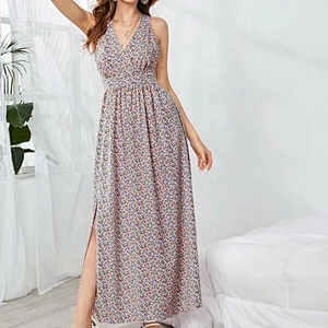 2021 New Arrival Crisscross Back Split Thigh Ditsy Floral Dress Street Style Fashion Dress