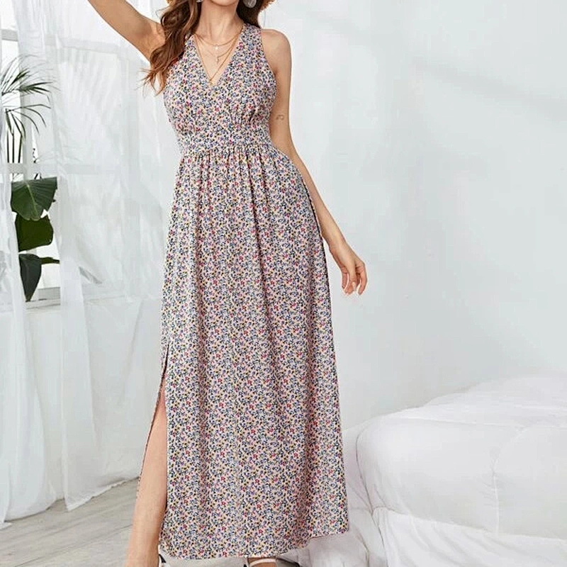 2021 New Arrival Crisscross Back Split Thigh Ditsy Floral Dress Street Style Fashion Dress