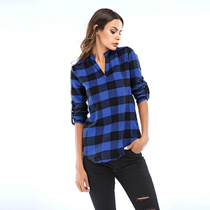 New Design Top Spring Autumn Fashion Blue V neck long sleeve Plaid Women Shirt