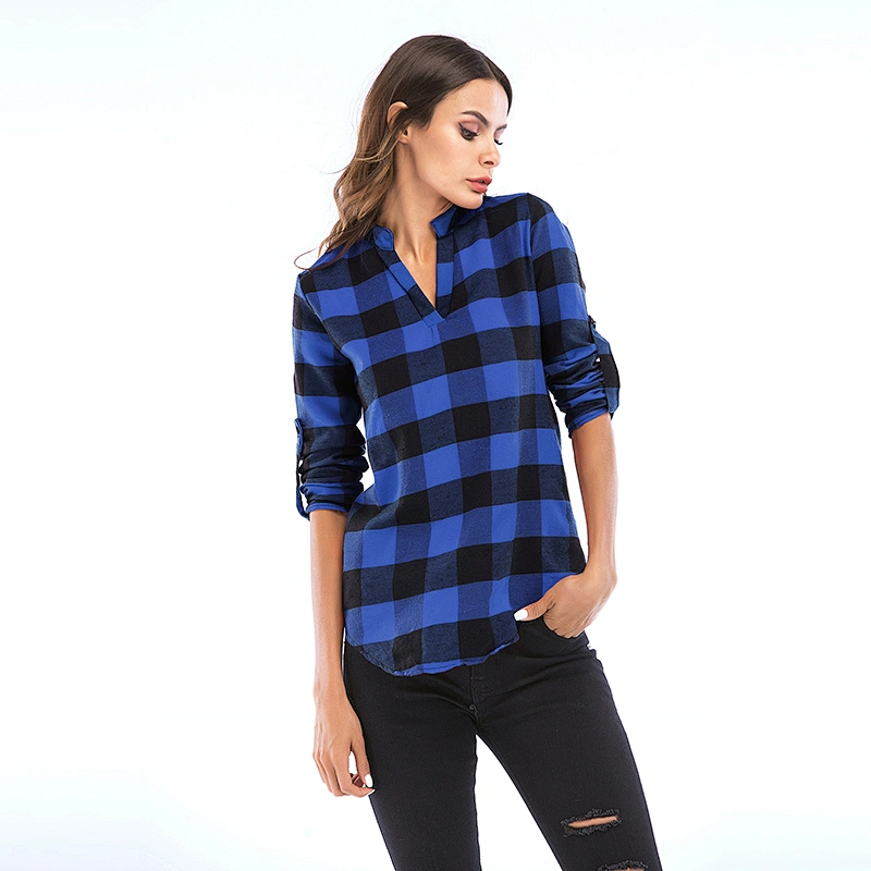 New Design Top Spring Autumn Fashion Blue V neck long sleeve Plaid Women Shirt
