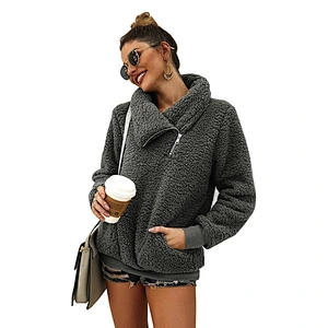 YIWU Factory Solid Color Outwear Sherpa Zipper Skew Collar Fleece Pullover with Pocket